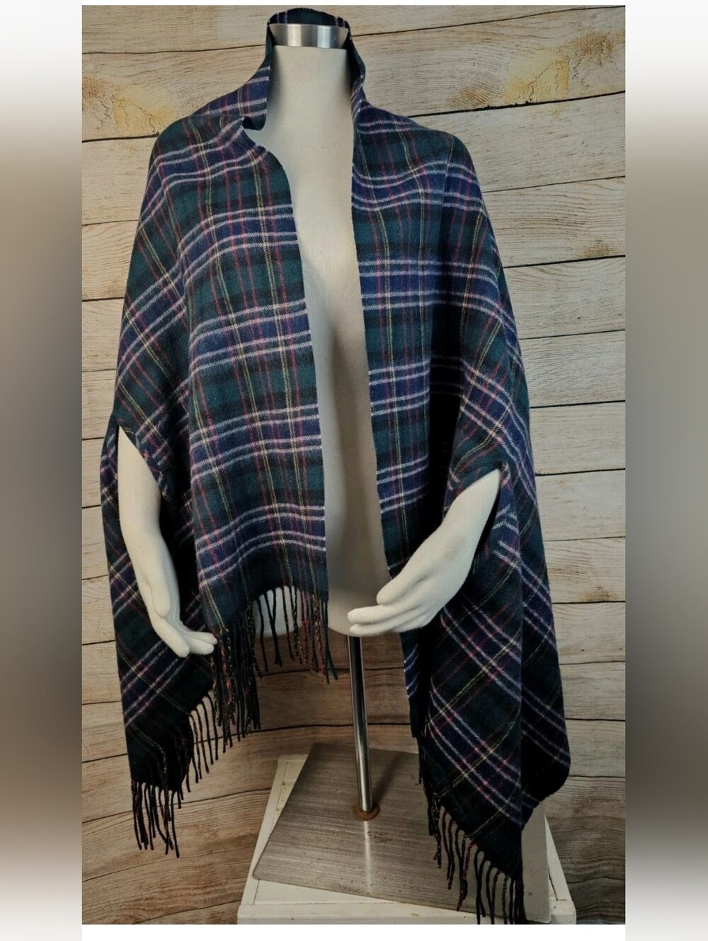 J Crew Tartan Plaid Wool Blend Shawl Wrap with Arm Holes